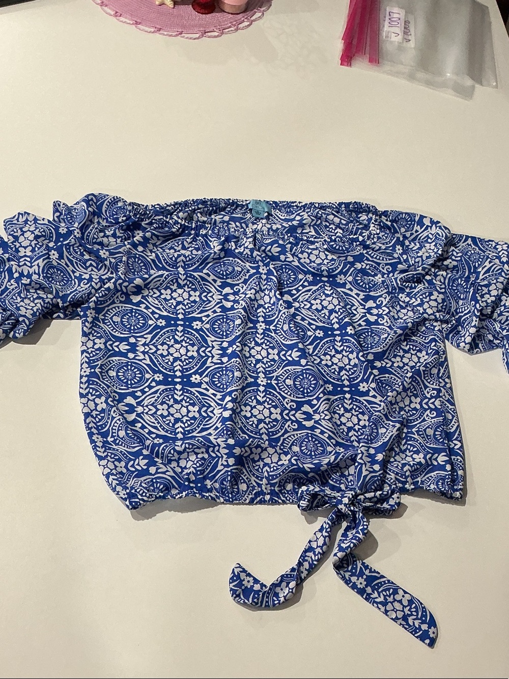 CeCe Blue and White Off-Shoulder Tie-Hem Blouse